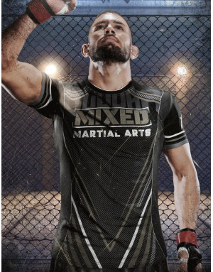 Buddha MMA T-shirt in black, grey and white tones. Modern design with Buddha logo and ‘Mixed Martial Arts’ slogan.