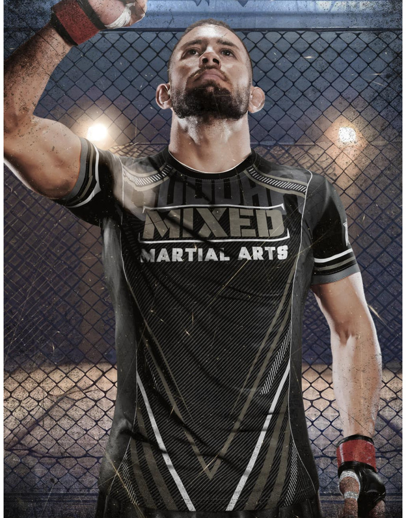 Camiseta Buddha MMA en tonos negros, grises y blancos. Diseño moderno con logotipo Buddha y frase “Mixed Martial Arts”.