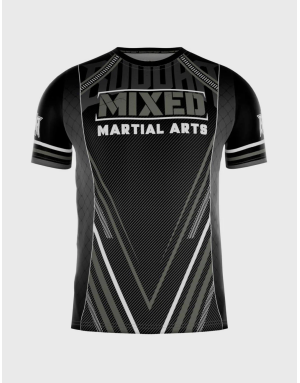 Camiseta Buddha MMA en tonos negros, grises y blancos. Diseño moderno con logotipo Buddha y frase “Mixed Martial Arts”.