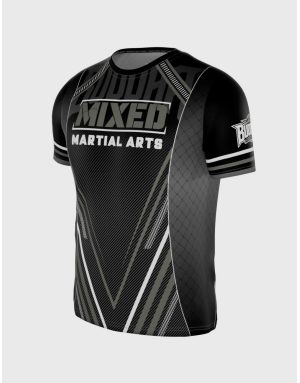 Camiseta Buddha MMA en tonos negros, grises y blancos. Diseño moderno con logotipo Buddha y frase “Mixed Martial Arts”.