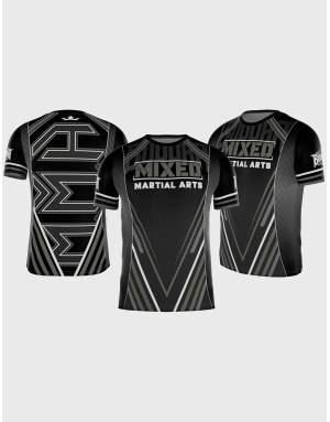Camiseta Buddha MMA en tonos negros, grises y blancos. Diseño moderno con logotipo Buddha y frase “Mixed Martial Arts”.