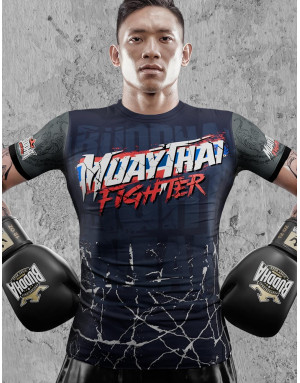 Buddha Fighter T-shirt featuring the Thai flag, navy blue with grey sleeves and oriental tiger details.