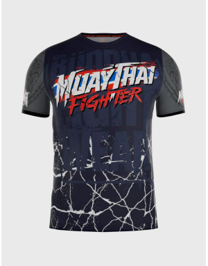 Buddha Fighter T-shirt featuring the Thai flag, navy blue with grey sleeves and oriental tiger details.