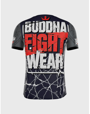 Buddha Fighter T-shirt featuring the Thai flag, navy blue with grey sleeves and oriental tiger details.