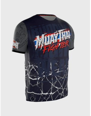 Buddha Fighter T-shirt featuring the Thai flag, navy blue with grey sleeves and oriental tiger details.