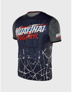 Buddha Fighter T-shirt featuring the Thai flag, navy blue with grey sleeves and oriental tiger details.