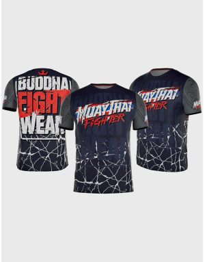 Buddha Fighter T-shirt featuring the Thai flag, navy blue with grey sleeves and oriental tiger details.