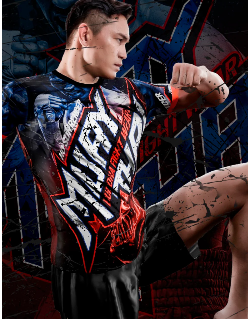 Camiseta Buddha No Surrender con diseño en rojo y azul neón, inspirada en la bandera de Tailandia. Estilo Muay Thai con luchador
