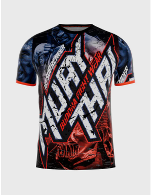 Camiseta Buddha No Surrender con diseño en rojo y azul neón, inspirada en la bandera de Tailandia. Estilo Muay Thai con luchador