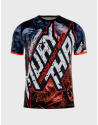 Camiseta Buddha No Surrender con diseño en rojo y azul neón, inspirada en la bandera de Tailandia. Estilo Muay Thai con luchador