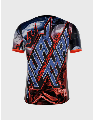 Camiseta Buddha No Surrender con diseño en rojo y azul neón, inspirada en la bandera de Tailandia. Estilo Muay Thai con luchador