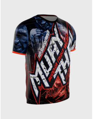 Camiseta Buddha No Surrender con diseño en rojo y azul neón, inspirada en la bandera de Tailandia. Estilo Muay Thai con luchador