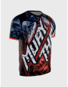 Camiseta Buddha No Surrender con diseño en rojo y azul neón, inspirada en la bandera de Tailandia. Estilo Muay Thai con luchador