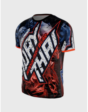 Camiseta Buddha No Surrender con diseño en rojo y azul neón, inspirada en la bandera de Tailandia. Estilo Muay Thai con luchador