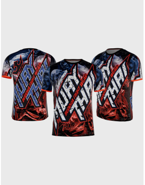 Camiseta Buddha No Surrender con diseño en rojo y azul neón, inspirada en la bandera de Tailandia. Estilo Muay Thai con luchador