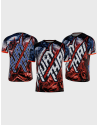 Camiseta Buddha No Surrender con diseño en rojo y azul neón, inspirada en la bandera de Tailandia. Estilo Muay Thai con luchador