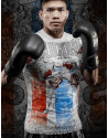 White Buddha Thailand T-shirt with Thai flag and Muay Thai fighter. Cultural and sporty style for training.