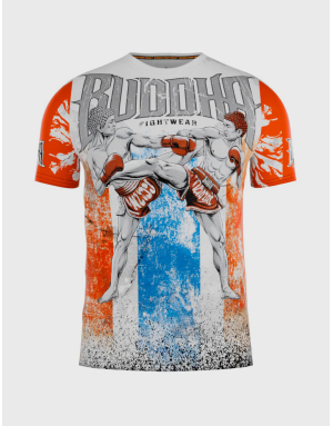 White Buddha Thailand T-shirt with Thai flag and Muay Thai fighter. Cultural and sporty style for training.
