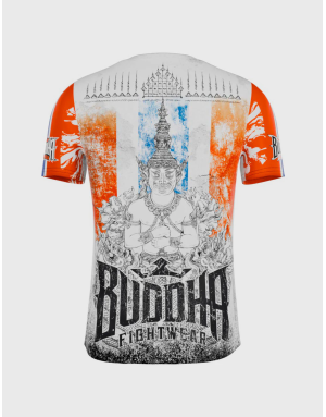 White Buddha Thailand T-shirt with Thai flag and Muay Thai fighter. Cultural and sporty style for training.