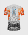 White Buddha Thailand T-shirt with Thai flag and Muay Thai fighter. Cultural and sporty style for training.