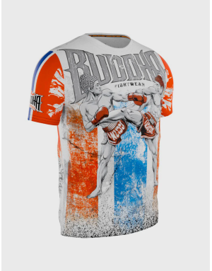 White Buddha Thailand T-shirt with Thai flag and Muay Thai fighter. Cultural and sporty style for training.