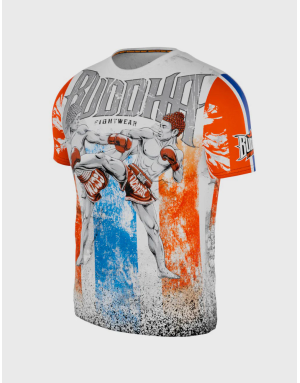 Camiseta Buddha Thailand blanca con bandera tailandesa y luchador de Muay Thai. Estilo cultural y deportivo para entrenar.
