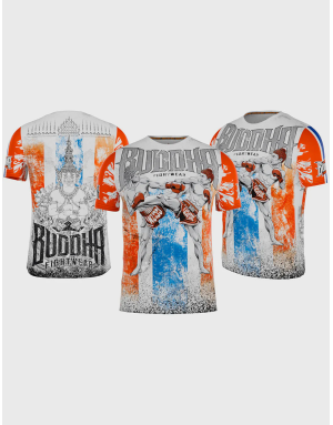 Camiseta Buddha Thailand blanca con bandera tailandesa y luchador de Muay Thai. Estilo cultural y deportivo para entrenar.
