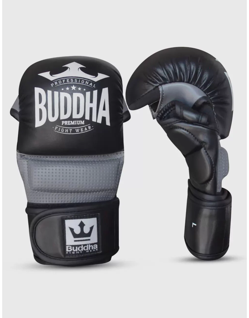 Guantes Epic MMA Buddha Negro/Gris. Serie GS-3 con gel, microfibra premium y ventilación mejorada. Entrenamientos y competición.