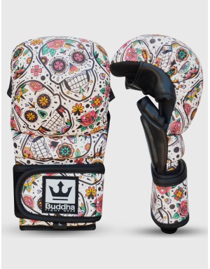 Buddha Mexican MMA gloves. Old school design with skulls and flowers. Perfect for your training days.