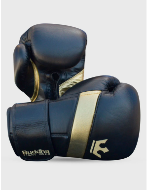 Epic Black Leather Boxing Gloves. Ergonomic design, GS-4 padding and double Velcro fastening for maximum protection.