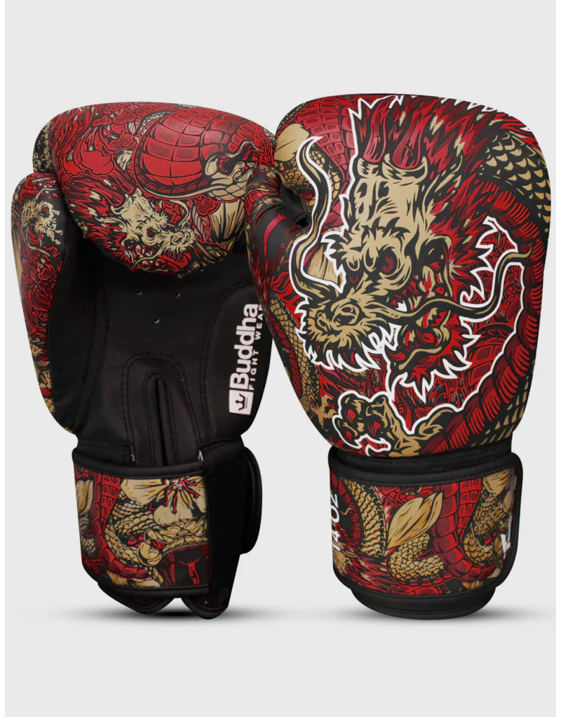 Red Buddha Dragon Boxing Gloves. GS-3 protection, firm fit and impressive design.