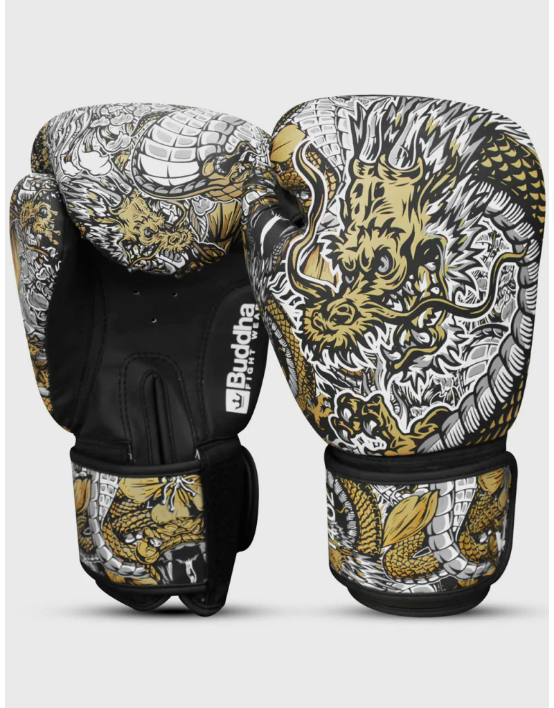 Guantes de Boxeo Buddha Dragón Blancos. Protección GS-3, Ajuste Perfecto y Ventilación.