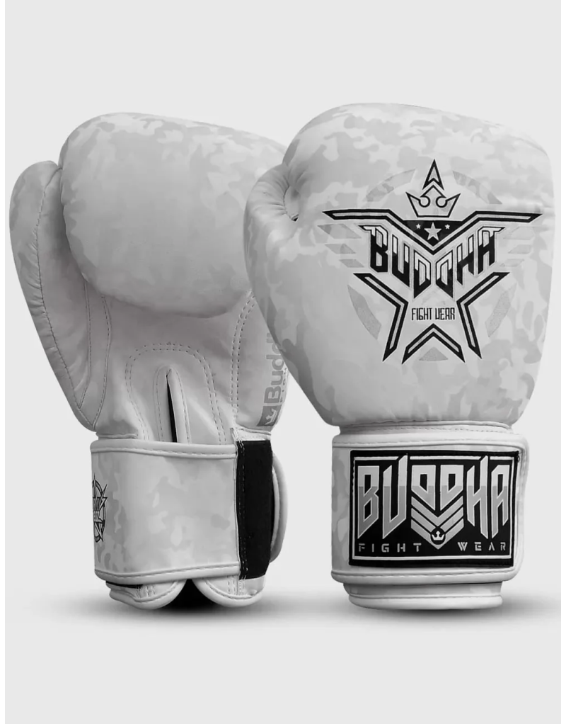 Guantes de Boxeo Buddha Army Blancos de Piel Sintética. Protección y Rendimiento Profesional.