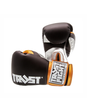 Trust Fight Metallic Black, Silver and Gold Boxing Gloves. For Muay Thai and designed in Thailand.