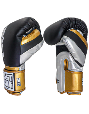 Guantes de Boxeo Trust Fight Metalizados Negro, Plata y Dorado. Para Muay thai y diseñados en Tailandia.