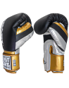 Trust Fight Metallic Black, Silver and Gold Boxing Gloves. For Muay Thai and designed in Thailand.