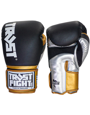 Trust Fight Metallic Black, Silver and Gold Boxing Gloves. For Muay Thai and designed in Thailand.