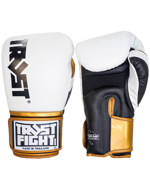 Trust Fight Boxing Gloves in Metallic White, Black and Gold. For kickboxing, manufactured in Thailand.