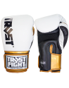 Trust Fight Boxing Gloves in Metallic White, Black and Gold. For kickboxing, manufactured in Thailand.