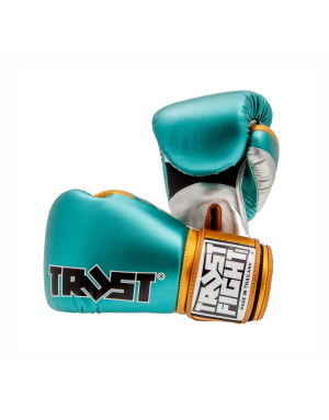 Trust Fight Metallic Boxing Gloves in Turquoise, Silver, and Gold. Available in various colours and weights.