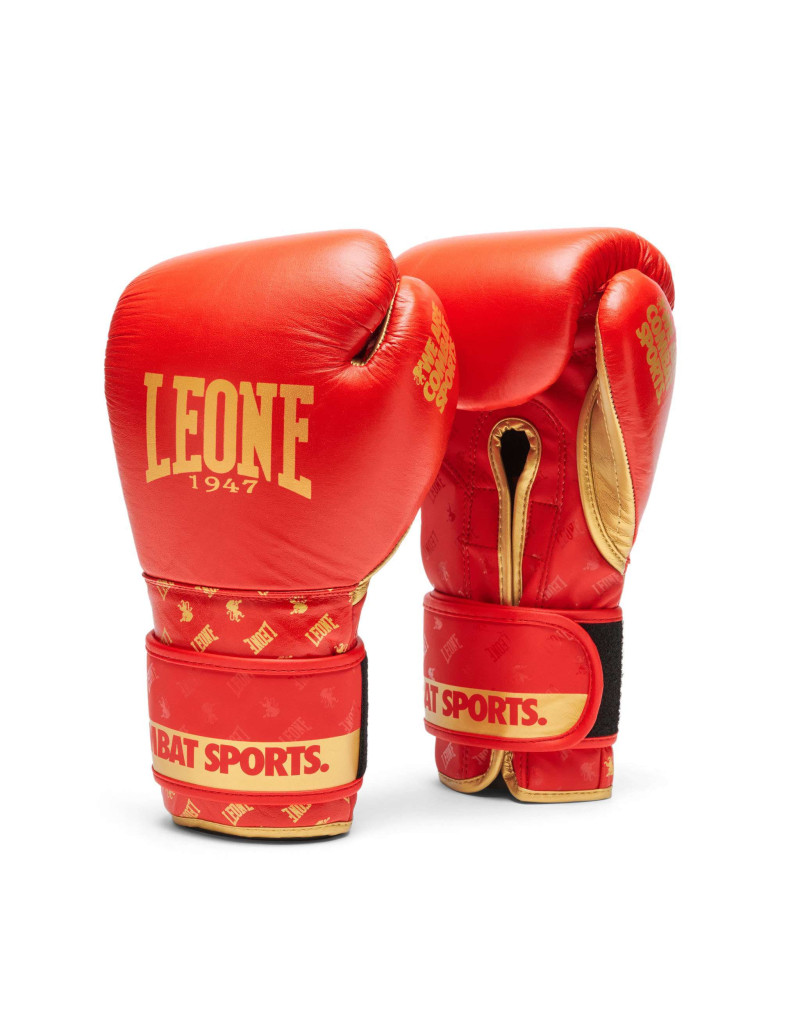 Guantes de Boxeo Leone 1947 DNA Rojo y Dorado | Piel Natural, Tecnología NO SHOCK y Ajuste Profesional para Boxeo y Kick boxing