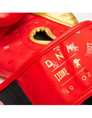 Guantes de Boxeo Leone 1947 DNA Rojo y Dorado | Piel Natural, Tecnología NO SHOCK y Ajuste Profesional para Boxeo y Kick boxing