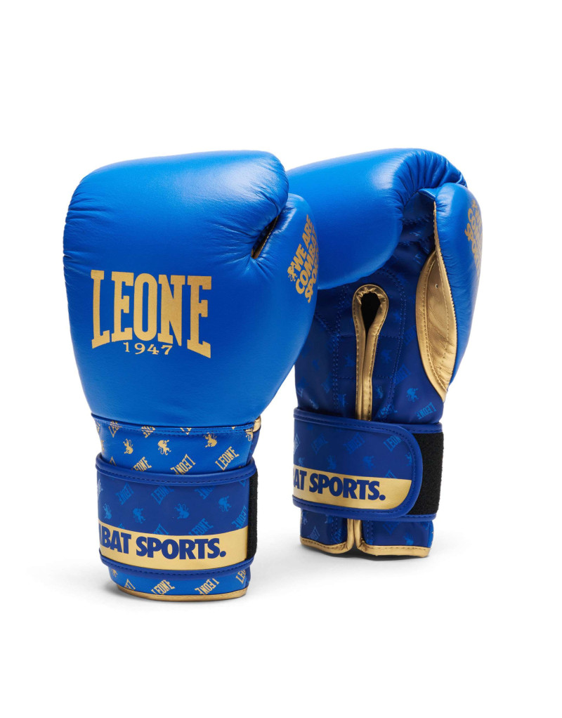 Guantes de Boxeo Leone 1947 DNA Azul y Dorado | Piel Natural, Tecnología NO SHOCK y Diseño Premium para Boxeo y Deportes de Cont
