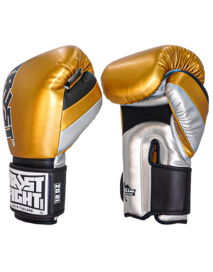 Thai Squire Trust Fight Gloves in metallic gold, silver and black. Handcrafted in Thailand with microfibre.