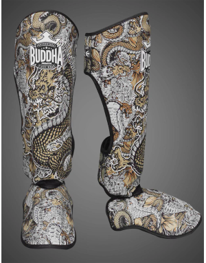 Espinilleras Buddha Dragon Blancas | Protección Muay Thai, Kick Boxing y MMA