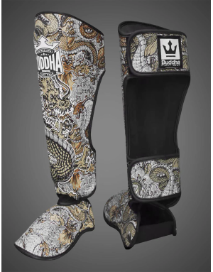 Espinilleras Buddha Dragon Blancas | Protección Muay Thai, Kick Boxing y MMA