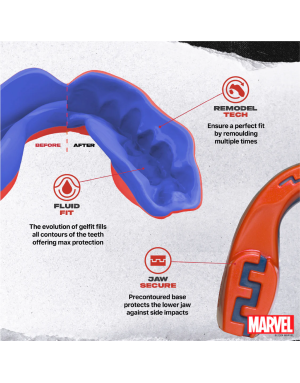 Protector bucal SafeJawz Marvel Spider-Man — doble capa de protección, ajuste cómodo y diseño inspirado en el héroe arácnido.