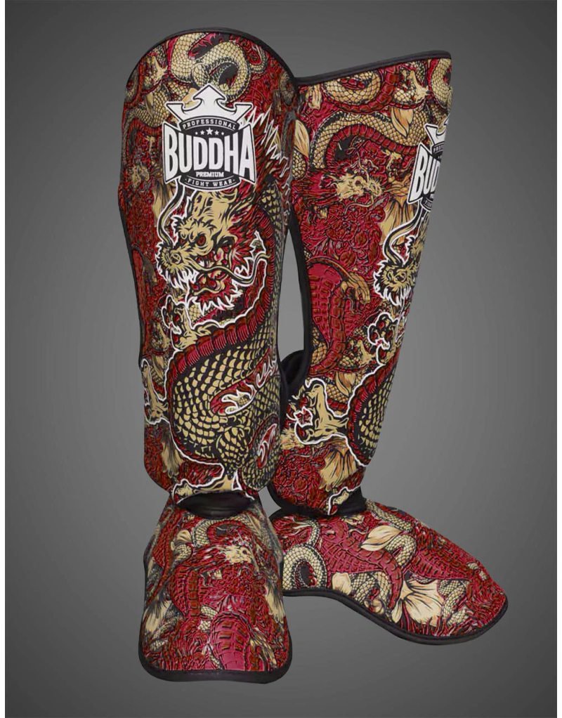 Espinilleras Buddha Dragon Rojas | Muay Thai, Kick Boxing y MMA