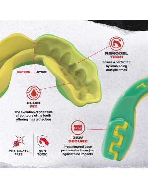 Safejawz Extro Series Ogre Protector green and yellow Ogre design, maximum protection and perfect fit.