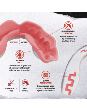 Bucal Safejawz Extro Series Pink Fangz su diseño rosa con colmillos de tiburón, máximo confort y protección profesional.